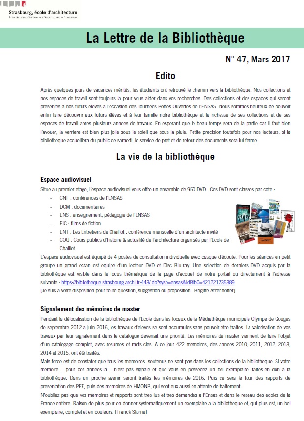 Lettre de la bibliothèque de l'ENSAS n°47